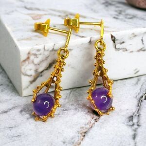 ANTIQUE-14k Gold- Amethyst Earrings -Dangle- Gold Coral Reef -Brutalist Mermaid